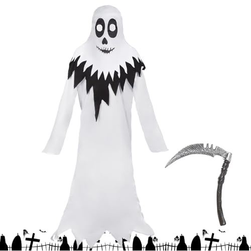 Herenear Halloween Geister Kostüm Kinder mit Sichel, Weißes Geister Umhang Kostüm, Süßes oder Saures Kostüm, Weiße Gespenst Kostüm Kinder für Karneval Fasching Carnival von Herenear