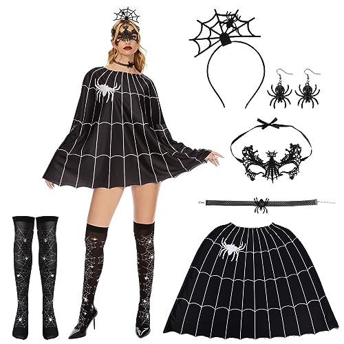 Herenear Halloween Kostüm Spinne, 6 Stück Spinne Kostüm Damen, Spinne Maske, Spinne Haarreifen, Spinnennetz Poncho, Halloween Kostüm Set für Karneval Party Dress Up Erwachsene von Herenear