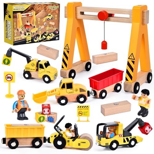 Herenear Baufahrzeuge Kinder Holzspielzeug, Baustelle Kinder, Holz Konstruktions Fahrzeuge Geschenk, Baukästen aus Holz mit Portalkran, Kranwagen, Straßenwalze, Kran, Bagger Spielzeug von Herenear