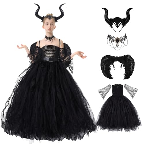 Herenear Maleficent Kostüm Mädchen Kinder, 5tlg Böse Königin Halloween Kostüm Set, Cosplay Hexenkostüm mit Hörner Flügel Kette, Prinzessin Fasching Karneval Verkleidung Partykleid Outfits (M) von Herenear