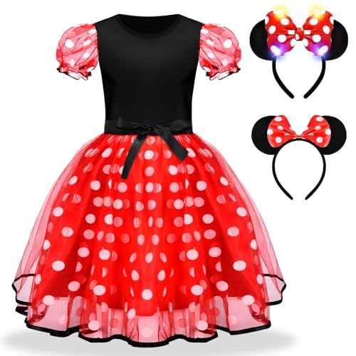 Herenear Minnie Mouse Kostüm Kinder, Mini Maus Kostüm für Mädchen ab 1 2 3 4 5 6 Jahren, Rosa Tupfen Geburtstagskleid mit Maus Ohren Haarreif, Kinderkleid für Karneval Cosplay Fasching Party (80) von Herenear