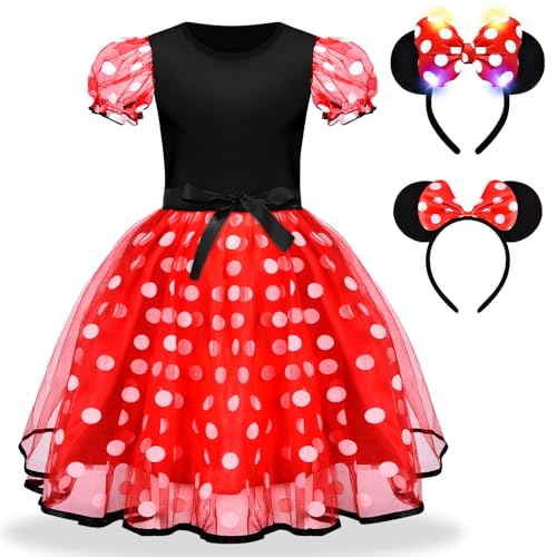 Herenear Minnie Mouse Kostüm Kinder, Mini Maus Kostüm für Mädchen ab 1 2 3 4 5 6 Jahren, Rosa Tupfen Geburtstagskleid mit Maus Ohren Haarreif, Kinderkleid für Karneval Cosplay Fasching Party (120) von Herenear