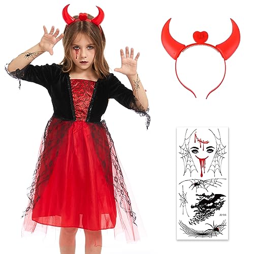 Herenear Vampir Kostüm Mädchen, Vampir Prinzessin Kostüm, Halloween Kostüm Kinder mit Roten Teufelshörnern Vampir-Tattoo-Aufkleber, Vampirkostüm für Mädchen Halloween-Dekoration Karneval von Herenear