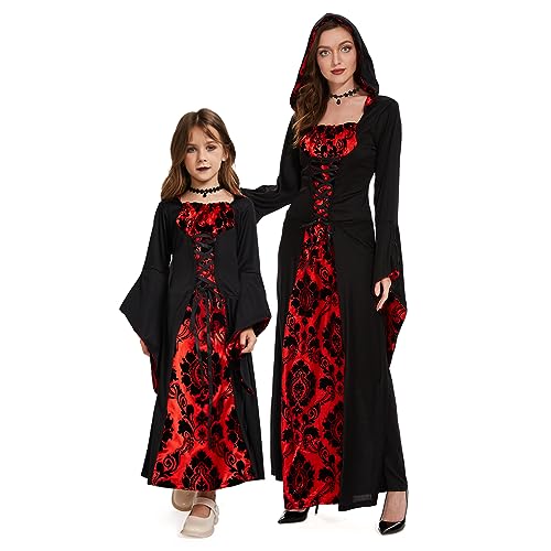 Herenear Vampirkönigin Kinder Kostüm, Halloween Kleid Mädchen, Mittelalter , Gotisch Kapuzen Vampirkostüm mit Halskette, für Karneval Cosplay Mottoparty (7-9 Jahr) von Herenear