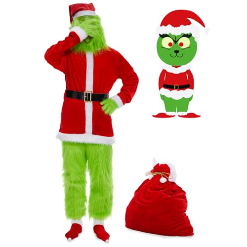 Hereneer Grün Großes Monster Kostüm, 8 Teilig Grün Weihnachtsmann Kostüm Herren, Weihnachten Outfit Party Suit mit Grün Monster Maske, Weihnachtsmütze und Handschuhen für Weihnachten Cosplay (XXL) von Hereneer