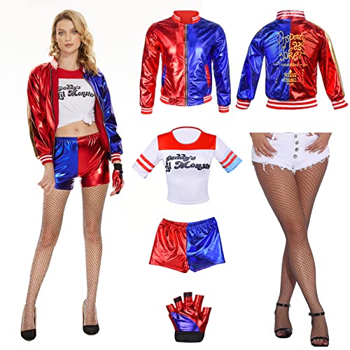 Hereneer Harley Quinn Kostüme für Erwachsene, Karneval Harley Quinn Kostüm Mädchen Cosplay Costume, Cosplay Kleid Kostüme für Enthalten Jacke, Shorts, T-Shirt, Handschuh für Halloween Karneval (L) von Hereneer