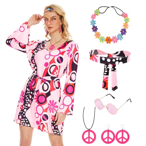 Hereneer Hippie Kostüm Damen Set, 70er Jahre Bekleidung Damen, 60er 70er Kleid Hippie Kleidung Frauen Mädchen Disco Kleider, Pink Hippie Kostüm Damen Accessoires für Halloween Karneval Cosplay (L) von Hereneer