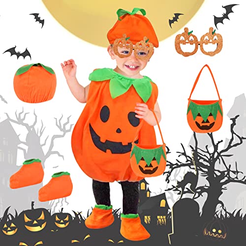 Hereneer 5PCS Kinder Kürbis Kostüm, Halloween Kostüm Kürbis, Jung-e u Mädchen Kürbis Karnevals-Kostüme, Kinder Kürbis Umhang für Pumpkin Halloween Cosplay Party Kleidung (M) von Hereneer