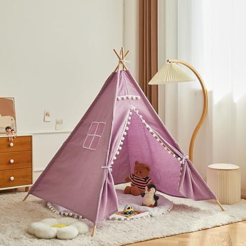 Herfair Tipi Zelt für Kinder Spielhaus Kinderzimmer Spielzelt mit Filzkugel Mehrere Farben Segeltuch Tipizelt Indoor Lesezelt&Spielzimmer Babyzimmer Deko für Kleinkinder 3-6 Jahre (Lila) von Herfair