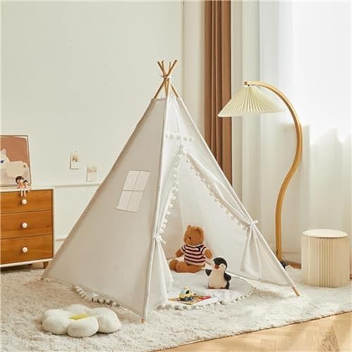 Herfair Tipi Zelt für Kinder Spielzelt mit Filzkugel Indoor Spielhaus Mehrere Farben Segeltuch Tipizelt Lesezelt&Spielzimmer Babyzimmer Deko für Kleinkinder 3-6 Jahre (Weiß,1.35 m) von Herfair