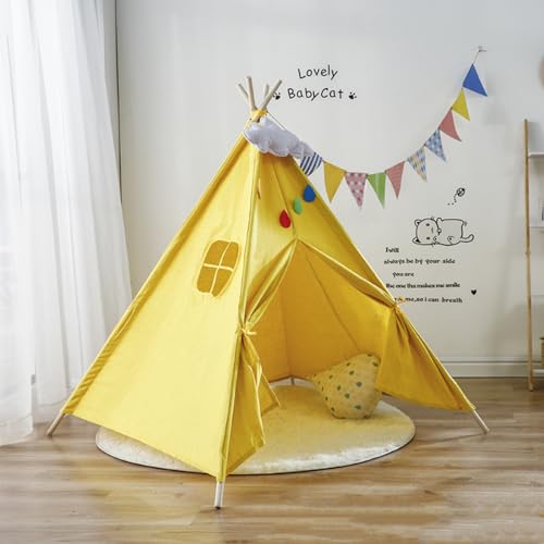 Kids Tipi Zelt für Kinder, Kinderzelte aus Baumwolle für Mädchen und Jungen, Kinder Zelt für Outdoor und Indoor Kinderspaß, Kinder Spielzelte für Kinderzimmer Dekor (Gelb,135cm) von Herfair