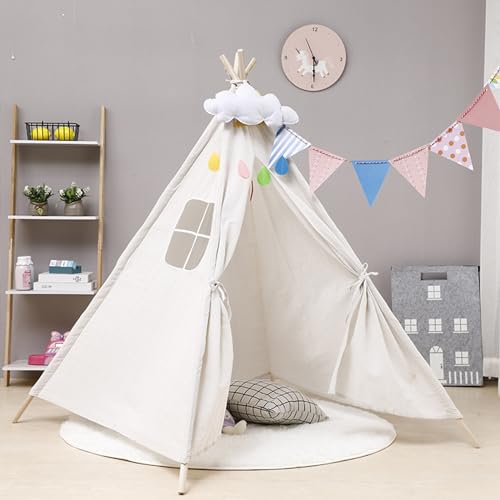 Kids Tipi Zelt für Kinder, Kinderzelte aus Baumwolle für Mädchen und Jungen, Kinder Zelt für Outdoor und Indoor Kinderspaß, Kinder Spielzelte für Kinderzimmer Dekor (Weiß,110cm) von Herfair