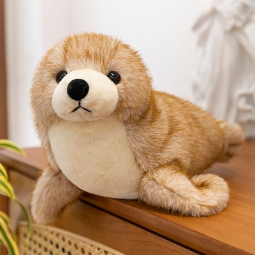 Kuscheltie Plüschtier Robbe, Seelöwe Plüschtier 30cm Tier Kawaii Realistische Seelöwe Kuscheltier Spielzeug für Wilde Tiere Geschenk für Kinder Stofftier (Braun) von Herfair