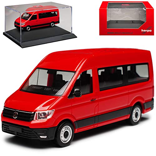 Volkwagen Crafter Transporter Hochdach Personen Rot 2. Generation Ab 2016 mit Sockel und Vitrine H0 1/87 Herpa Modell Auto von Herpa VW