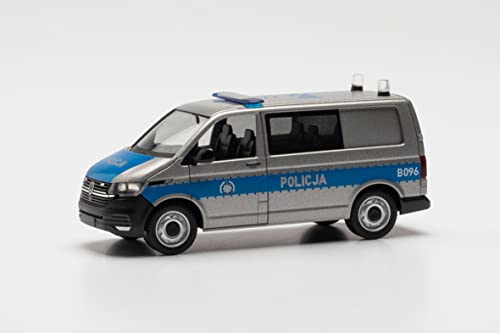 herpa 097109 Polizei Modellauto VW T 6.1 Bus „Policja Polen“, originalgetreu im Maßstab 1:87, Auto Modell für Diorama, Modellbau Sammlerstück, Deko Miniaturmodelle aus Kunststoff, Mehrfarbig von herpa