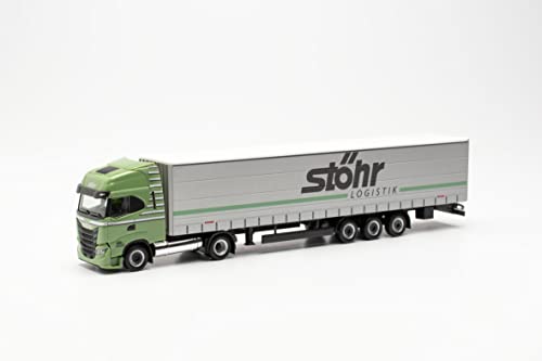 Herpa LKW Modell Iveco S-Way Gardinenplanen-Sattelzug 15m „Stöhr“, originalgetreu im Maßstab 1:87, Modell LKW für Diorama, Modellbau Sammlerstück, Deko Miniaturmodelle aus Kunststoff von herpa