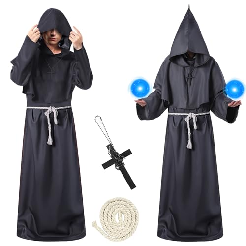 Herspany Priester Kostüm Herren,Mönch Kostüm mit Halskette und Gürtel, Mönchskutte mit Kapuze,Priester Kostüm Karneva Kostüme für Cosplay, Maskerade, Karneva Herspany Priester Kostüm Herren,Mönch Kostüm mit Halskette und Gürtel, Mönchskutte mit Kapuze,Priester Kostüm Karneva Kostüme für Cosplay, Maskerade, Karneva von Herspany