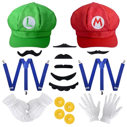 Herton Mario Bros Mütze rot und grün Hut Mario und Luigi Hüte Kappen Schnurrbärte Handschuhe Knöpfe Hosenträger Mario Karneval Fasching Party Verkleidung Karneval Cosplay Kostüm für Erwachsene Kinder von Herton