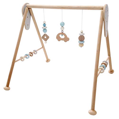 Hess Holzspielzeug 13383 - Spielgerät aus Holz, Serie Auto, für Babys, handgefertigter Spielbogen mit Figuren und Rasseln, nature blau, ca. 60 x 58 x 55 cm von Hess