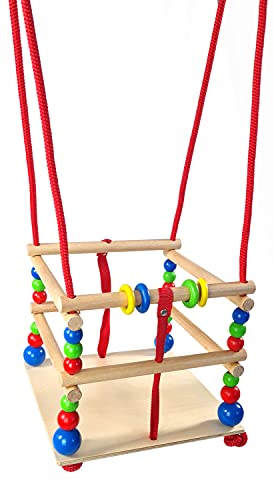 Hess Holzspielzeug 20000 - Gitter-Schaukel aus Holz mit Sprossen, bunten Perlen und Ringen, handgefertigt, für Babys ab 12 Monaten, Schaukelvergnügen im Haus, Garten und auf der Terrasse von Hess Holzspielzeug