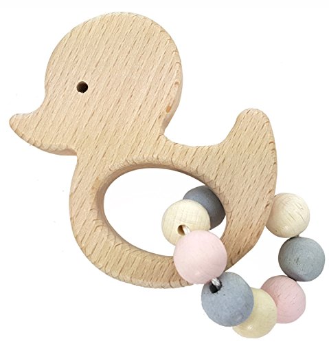 Hess Holzspielzeug 11111 - Greifling aus Holz mit kleiner Kugelkette, Nature Serie Ente in Rosa, für Babys ab 6 Monaten, handgefertigt, für Greifübungen und fröhlichen Spielspaß von Hess Holzspielzeug
