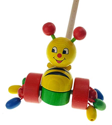 Hess Holzspielzeug 14457 - Schiebefigur aus Holz, bunte Biene, ca. 13 x 15 x 60 cm, kindgerechtes Spielzeug zum Schieben und Ziehen für Kleinkinder von Hess
