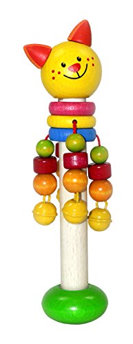 Hess Holzspielzeug 14668 - Schellenstab aus Holz mit Glöckchen, Perlen und Ringen, Serie Katze, handgefertigt, für Greifübungen und fröhlichen Rassel-Spaß von Hess Holzspielzeug