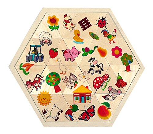 Hess Holzspielzeug 14902 - Mosaik-Legespiel aus Holz in sechseckiger Form mit 24 Teilen, Serie Bauernhof, für Kinder ab 3 Jahren, handgefertigt, als Geschenk zum Geburtstag, Weihnachten oder Ostern von Hess Holzspielzeug