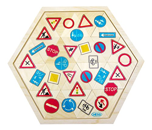 Hess Holzspielzeug 14953 - Mosaik-Legespiel aus Holz in sechseckiger Form mit 24 Teilen, Verkehrszeichen, für Kinder ab 3 Jahren, handgefertigt, als Geschenk zum Geburtstag, Weihnachten oder Ostern von Hess Holzspielzeug