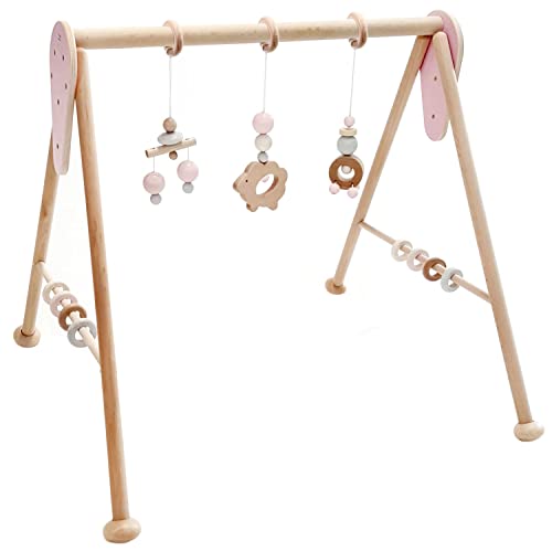 Hess Holzspielzeug 20038 - Spielgerät aus Holz, Nature Serie Schaf in Rosa, für Babys, handgefertigter Spiel-Bogen mit Figuren und Rasseln, ca. 62 x 57 x 54,5 cm groß von Hess