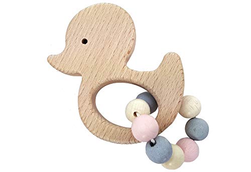 Hess Holzspielzeug 11111 - Greifling aus Holz mit kleiner Kugelkette, Nature Serie Ente in Rosa, für Babys ab 6 Monaten, handgefertigt, für Greifübungen und fröhlichen Spielspaß von Hess