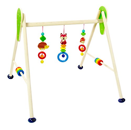 Hess Holzspielzeug 13379 - Spielgerät aus Holz, Serie Waldtiere, für Babys, handgefertigter Spielbogen mit farbenfrohen Figuren und Rasseln, ca. 62 x 55 x 50 cm von Hess