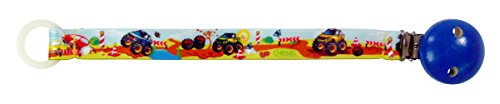 Hess Holzspielzeug 13802 - Schnullerband aus Stoff, Serie Monstertruck, für Babys, handgefertigt, ca. 21 cm lang, mit Silikonring und Sicherheitsclip, zum Befestigen am Kinderwagen und Kleidung von Hess