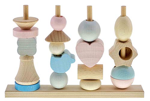 Hess Holzspielzeug 14966 - Steckspiel aus Holz mit 18 Bausteinen in verschiedenen Formen, für Babys ab 12 Monaten, handgefertigt, Nature rosa/blau von Hess