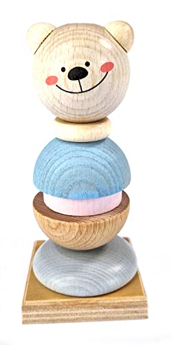 Hess Holzspielzeug 14978 - Stapelspiel Bärchen aus Holz, handgefertigt, für Kinder ab 3 Jahren, ca. 6 x 6 x 12 cm, Turm mit verschiedenen Ringen und Kugelkopf von Hess