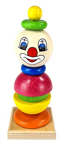 Hess Holzspielzeug 14980 - Stapelspiel Clowny aus Holz, handgefertigt, für Kinder ab 3 Jahren, ca. 6 x 6 x 12 cm, Turm mit verschiedenen Ringen und Kugelkopf von Hess