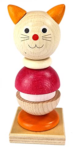 Hess Holzspielzeug 14981 - Stapelspiel aus Holz, Motiv Kätzchen, handgefertigt, für Kinder ab 3 Jahren, Turm mit Ringen und Kugelkopf von Hess