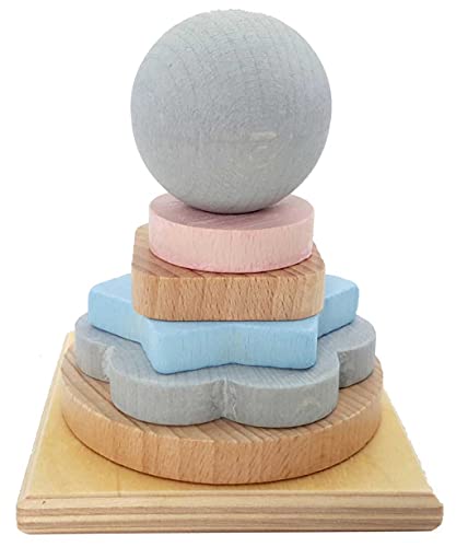 Hess Holzspielzeug 20024 - Stapel-Turm aus Holz mit Scheiben in verschiedenen Formen und Farben, Nature Serie, für Kleinkinder ab 24 Monaten von Hess