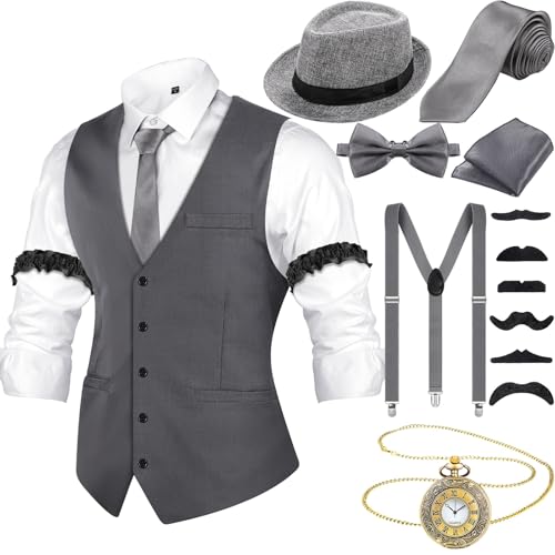 20er Jahre Herren Accessoires mit Weste Fedora Hut Taschenuhr Fliege Krawatte Hosenträger und Requisit (Grau, M) von Hestya
