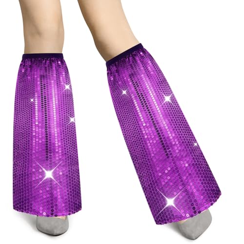 Hestya 1 Paar Glitzer Beinstulpen für Frauen Karneval Disco Accessoires Damen 70er Jahre Kostüm Retro Pailletten Stulpen Glitzer Beinwärmer für Halloween Mottoparty Fasching Party Outfit(Lila) von Hestya