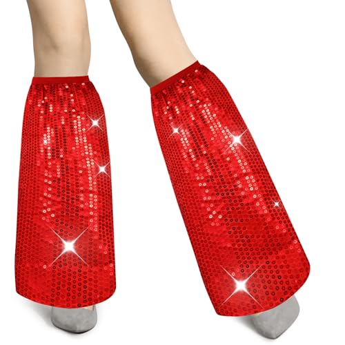 Hestya 1 Paar Glitzer Beinstulpen für Frauen Karneval Disco Accessoires Damen 70er Jahre Kostüm Retro Pailletten Stulpen Glitzer Beinwärmer für Halloween Mottoparty Fasching Party Outfit(Rot) von Hestya