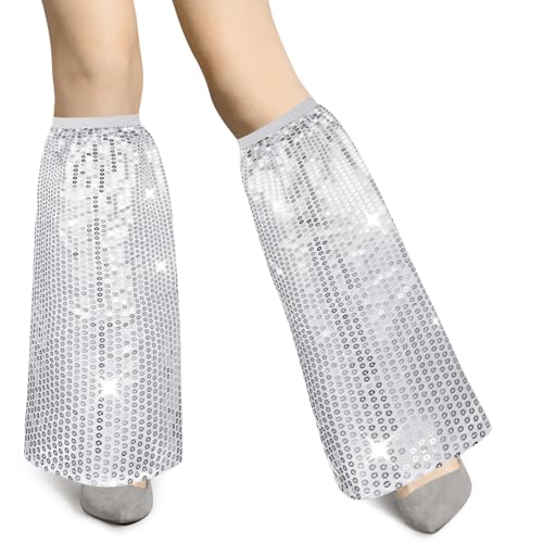 Hestya 1 Paar Glitzer Beinstulpen für Frauen Karneval Disco Accessoires Damen 70er Jahre Kostüm Retro Pailletten Stulpen Glitzer Beinwärmer für Halloween Mottoparty Fasching Party Outfit(Weiß) von Hestya