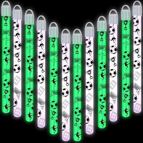 Hestya 12 Sets 20 cm Knicklichter Party Set mit Endkappen und Bändern Fußball Sport Leuchtstäbe Weiß Grün Leuchtarmbänder Leuchten im Dunkeln Armbänder Halsketten für Party Camping von Hestya