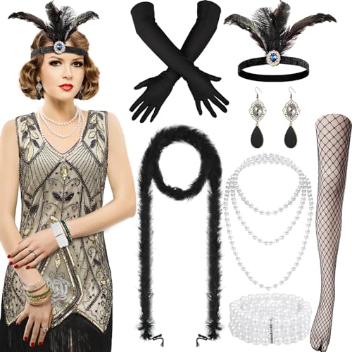 Hestya 1920er Flapper Kleid Damen Kostüm Halloween Vintage Pailletten Fransen mit 20er Accessoires Set (Khaki, L) von Hestya