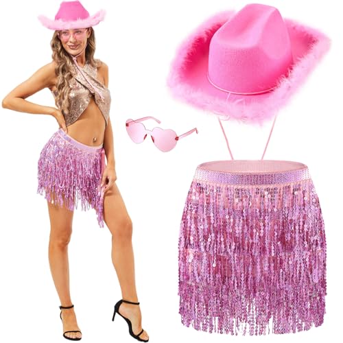 Hestya 3 Stück Cowgirl Kostüm Accessoires Rosa Cowboy Hut mit Federn Pailletten Quasten Rock und Herz Partybrille Glitzer Cowgirl Outfit für Karneval Western Party Bauchtanz Hestya 3 Stück Cowgirl Kostüm Accessoires Rosa Cowboy Hut mit Federn Pailletten Quasten Rock und Herz Partybrille Glitzer Cowgirl Outfit für Karneval Western Party Bauchtanz von Hestya