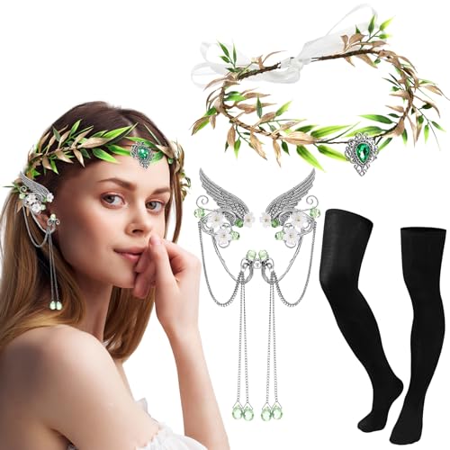 Hestya 3 Stück Mardi Gras Elfen Feen Cosplay Set inklusive Tropfen Strass Kopfschmuck Elfen Ohr Manschetten Überknee Socken für Kostüm Cosplay von Hestya