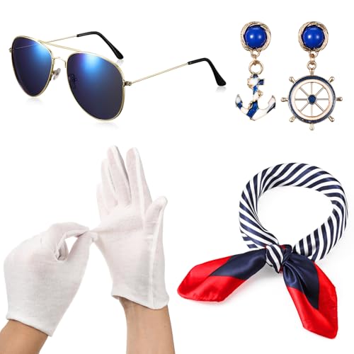 Hestya 4 Nautisches Kostüm Kostüm für Damen inklusive Quadratischem Matrosenschal Sonnenbrille Handschuhe Ohrzubehör Matrosen Outfit für Yacht Party Cosplay von Hestya