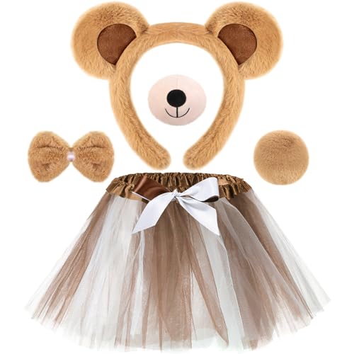 Hestya 5 Stück Bärchen Kostüm Bärenohren Stirnband Fliege Nase Schwanz Tutu Rock Tierkostüm Cosplay Zubehör für Halloween Karneval Welttag des Buches(Hellbraun) von Hestya