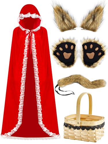 Hestya 5 Stück Halloween Paar Kostüm Wolf Kostüm mit Wolfsschwanz Clip Ohren Handschuhe Set Roter Kapuzenumhang mit Picknick Korb (Stilvoller Stil, Lang) von Hestya