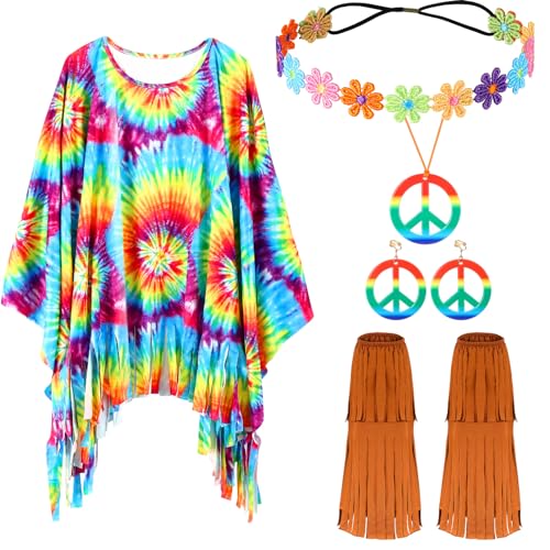 Hestya 5 Stück Mardi Gras 60er 70er Hippie Kostüm Accessoires Damen Umhang Stiefelüberzüge Stirnband Ohrringe Halskette (L) von Hestya